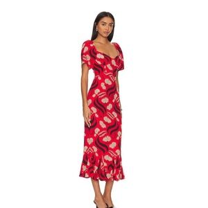 Rhode RAMONA Dress with red and feather pattern.